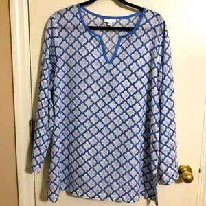 J.Jill Long Sleeve Blue & White Geometric Shape Pattern Tunic Style Large Missy